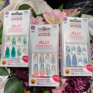 KISS Jelly Fantasy Nail Set Pink Green Teal Blue Clear Designs Bundle of 3